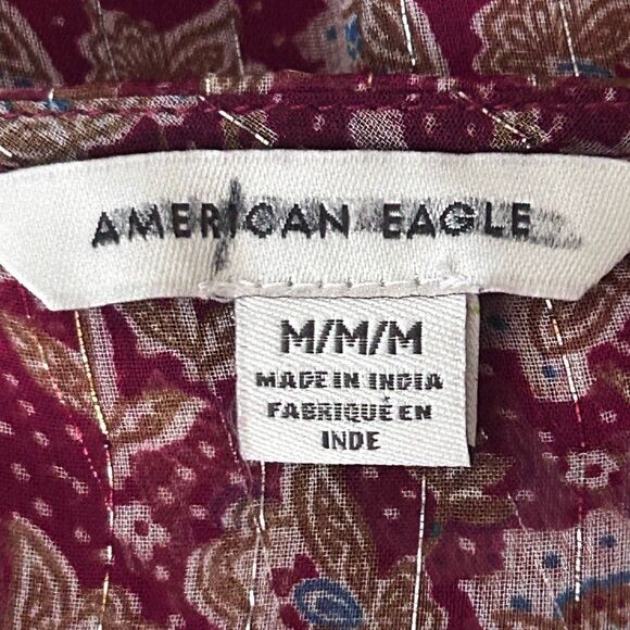 American Eagle Outfitters Blouse Women's Medium Burgundy Floral Chiffon Ruffle - Picture 12 of 13